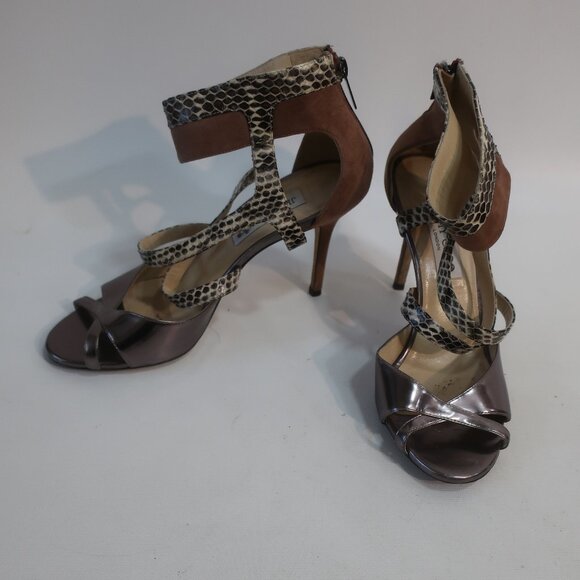 Authentic Jimmy Choo Pewter Python Suede Metallic Strap Ankle Zip Heels 39 US/9 - Picture 4 of 16